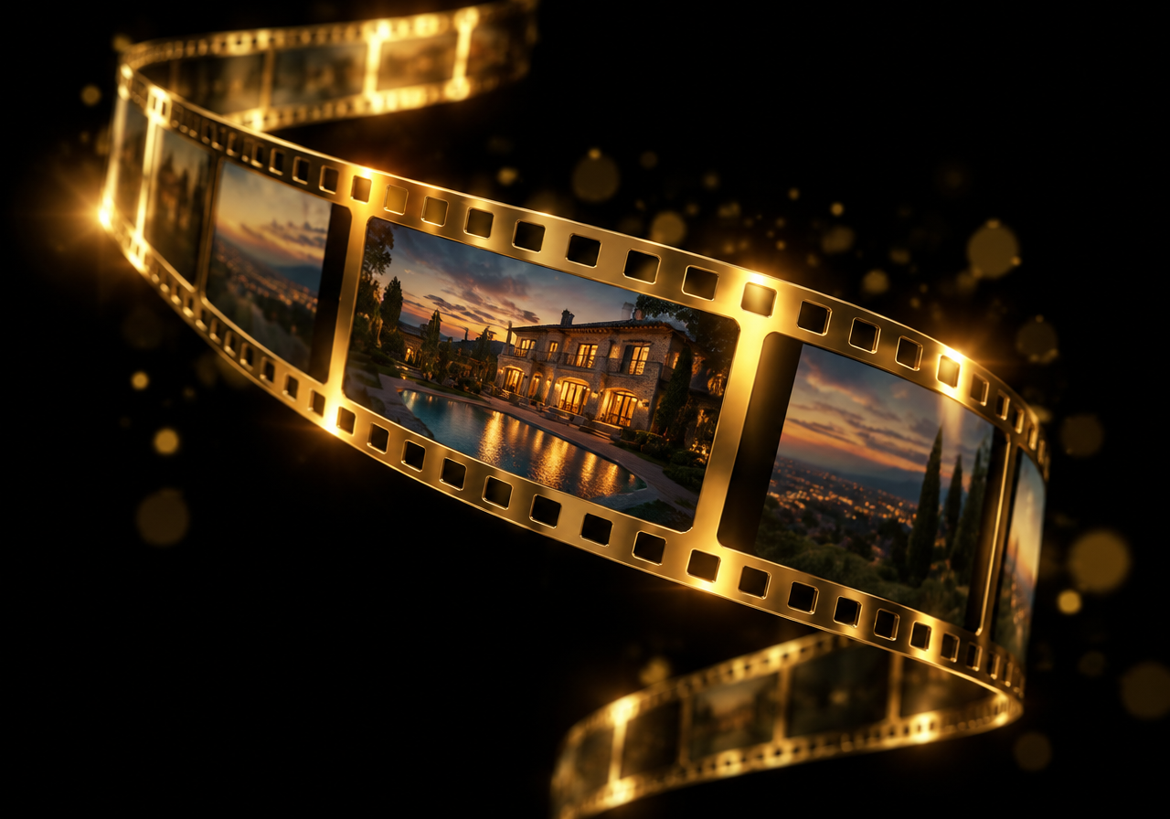 Térben kanyargó arany filmszalag, egyik képkockájában kész filmes jelenettel