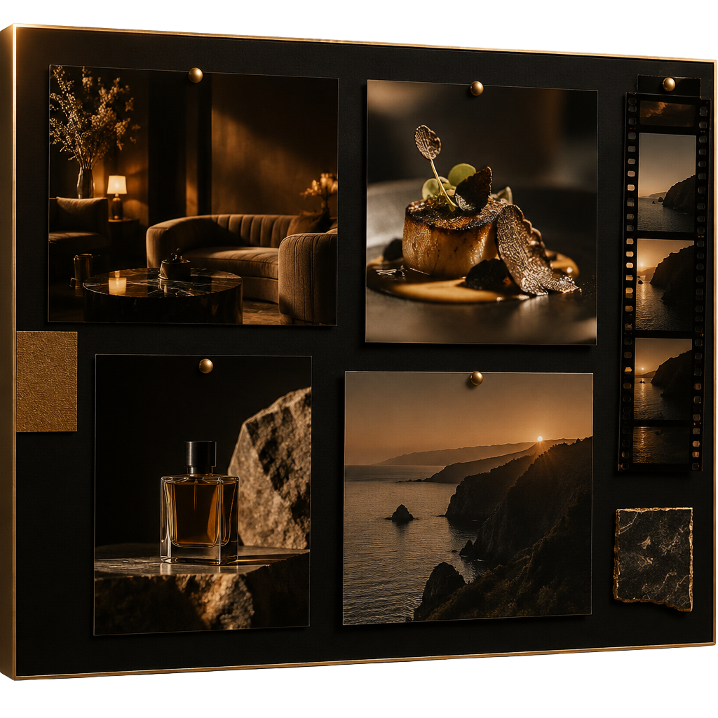 Fekete-arany moodboard filmes képkockákkal
