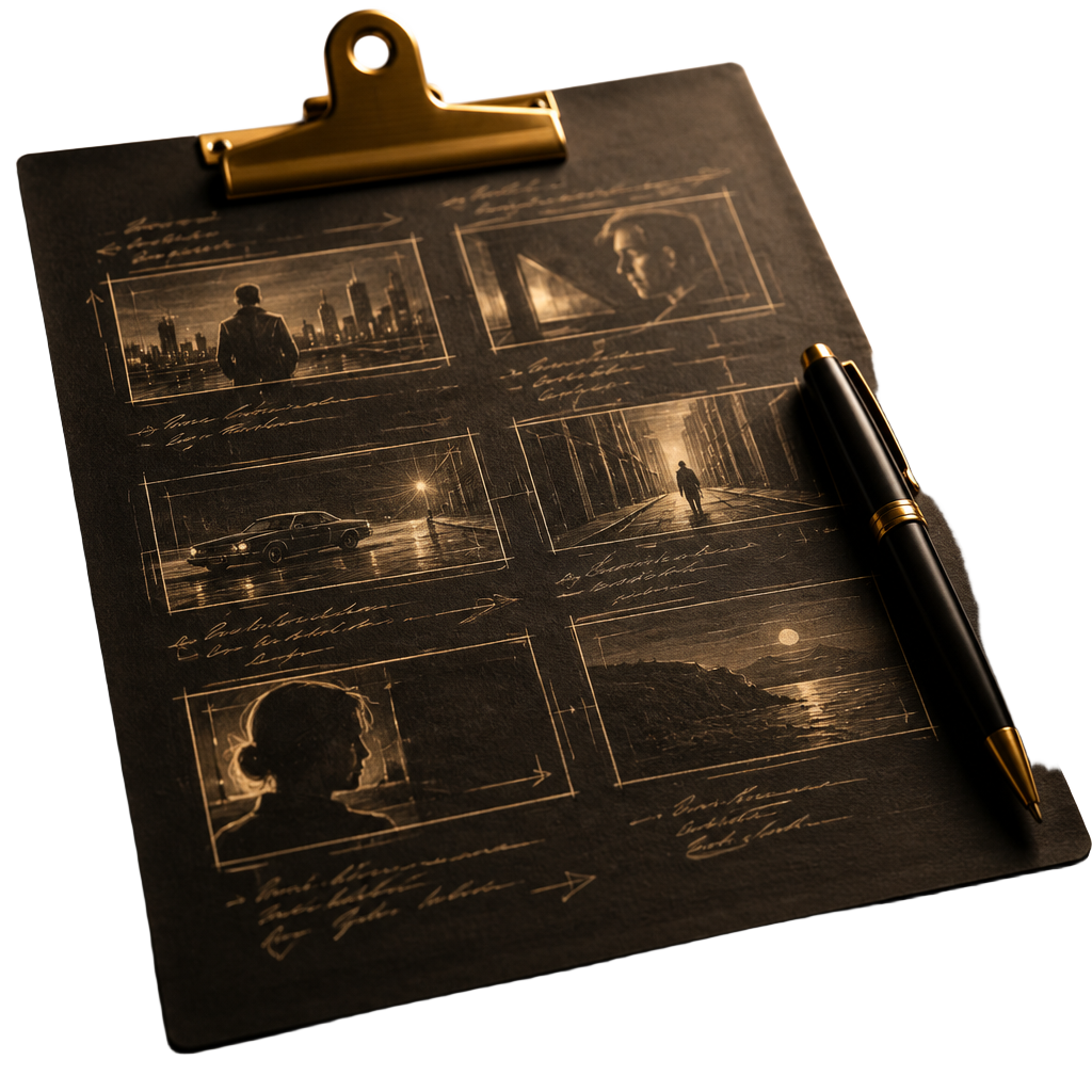 Filmes storyboard lap jelenetvázlatokkal és tollal